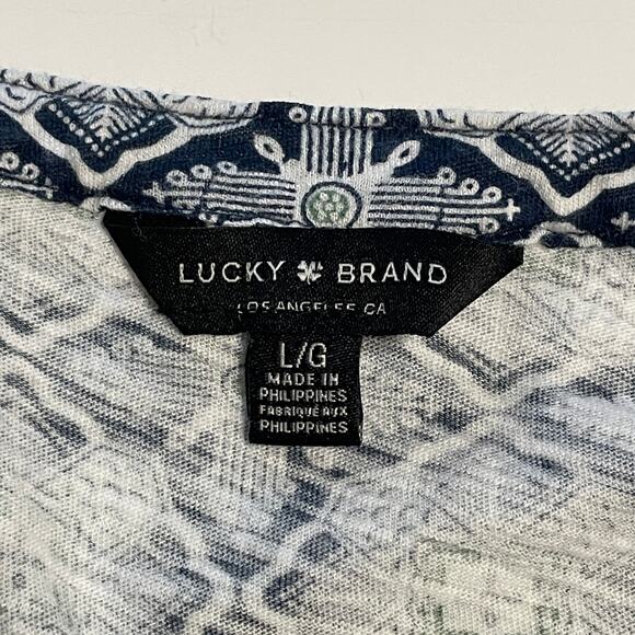 Lucky Brand Placed Scarf Knit Top Womens Large Blue Green Mixed Prints Boho Tee - Picture 4 of 7